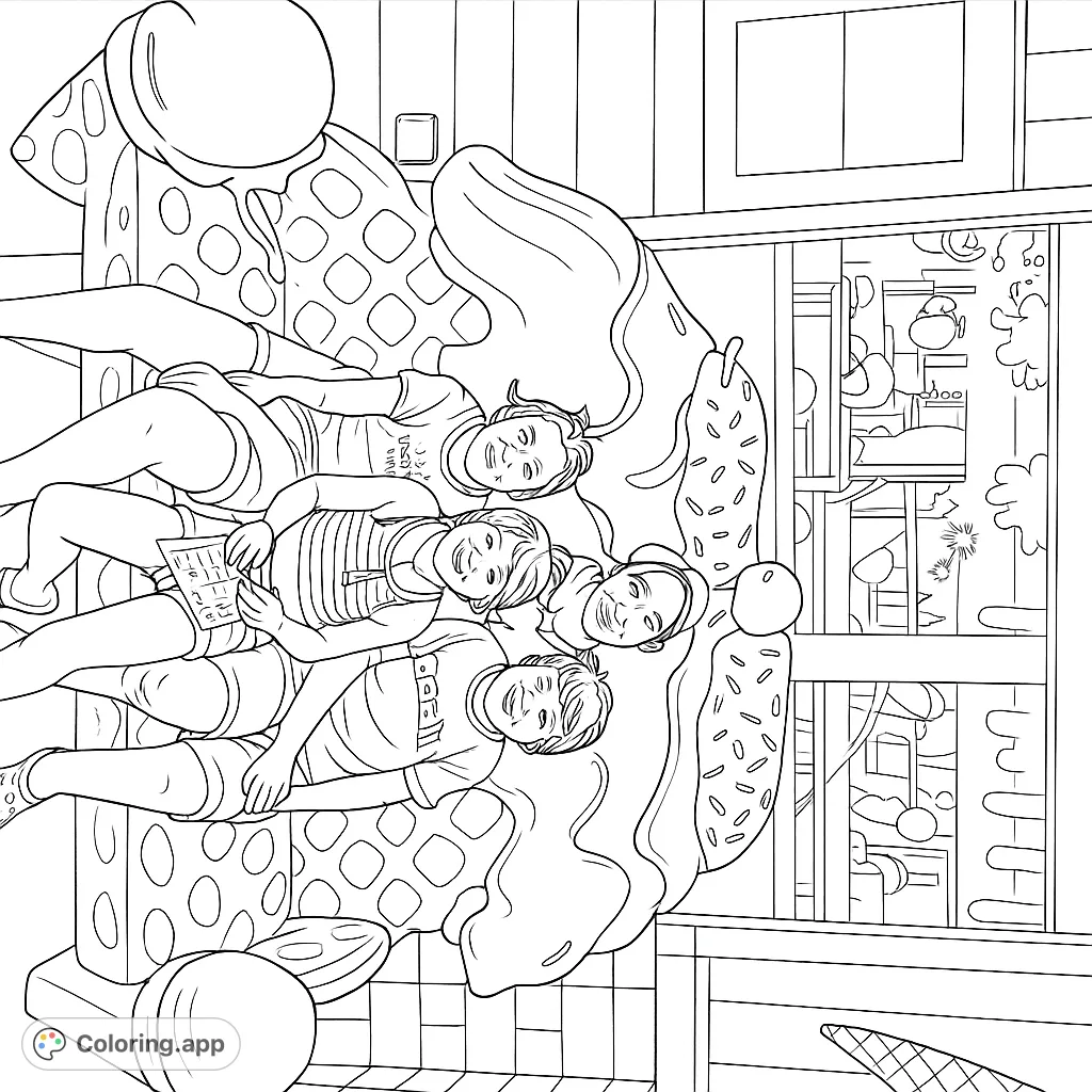 Four happy kids lounge on a giant melting ice cream sundae with sprinkles, surrounded by delicious desserts. A sweet, playful coloring page.