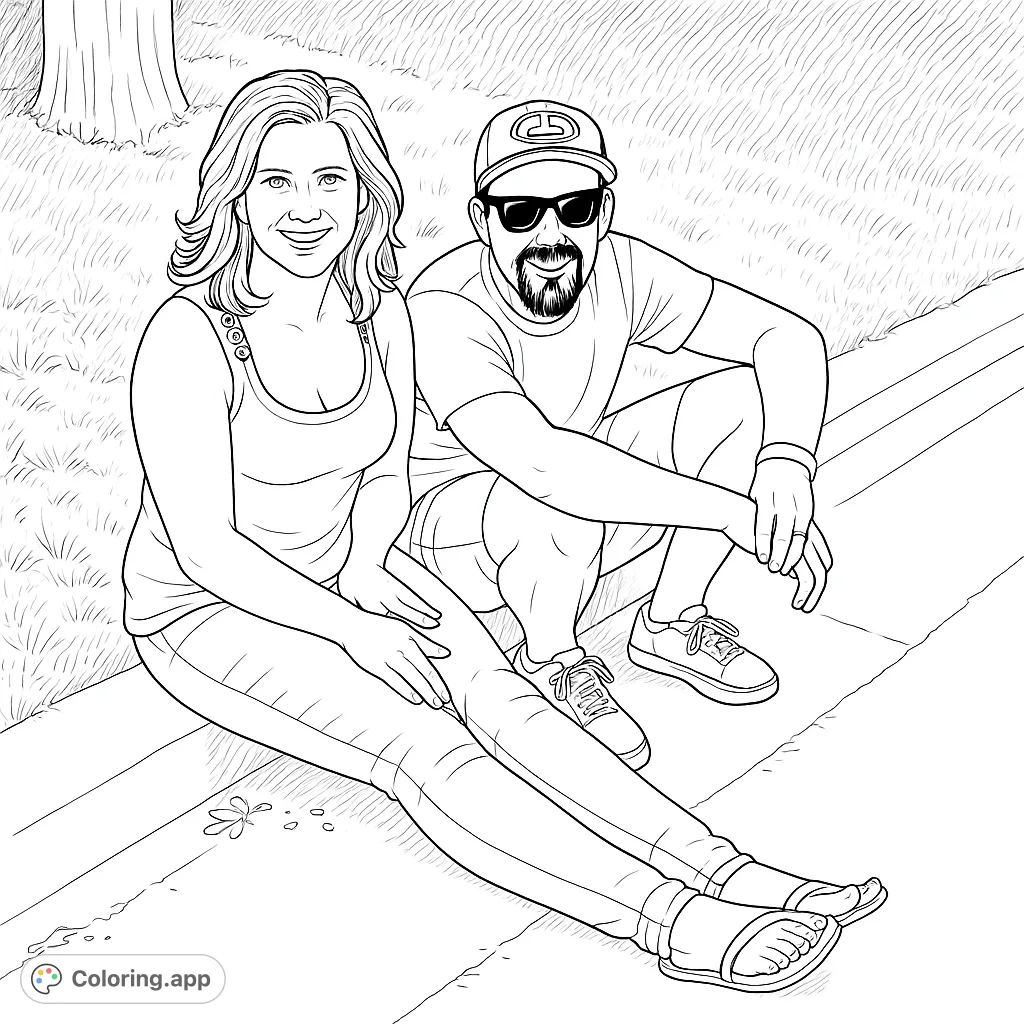 A heartwarming free printable coloring page featuring a smiling couple relaxing outdoors, perfect for adults and teens to personalize with vibrant colors.