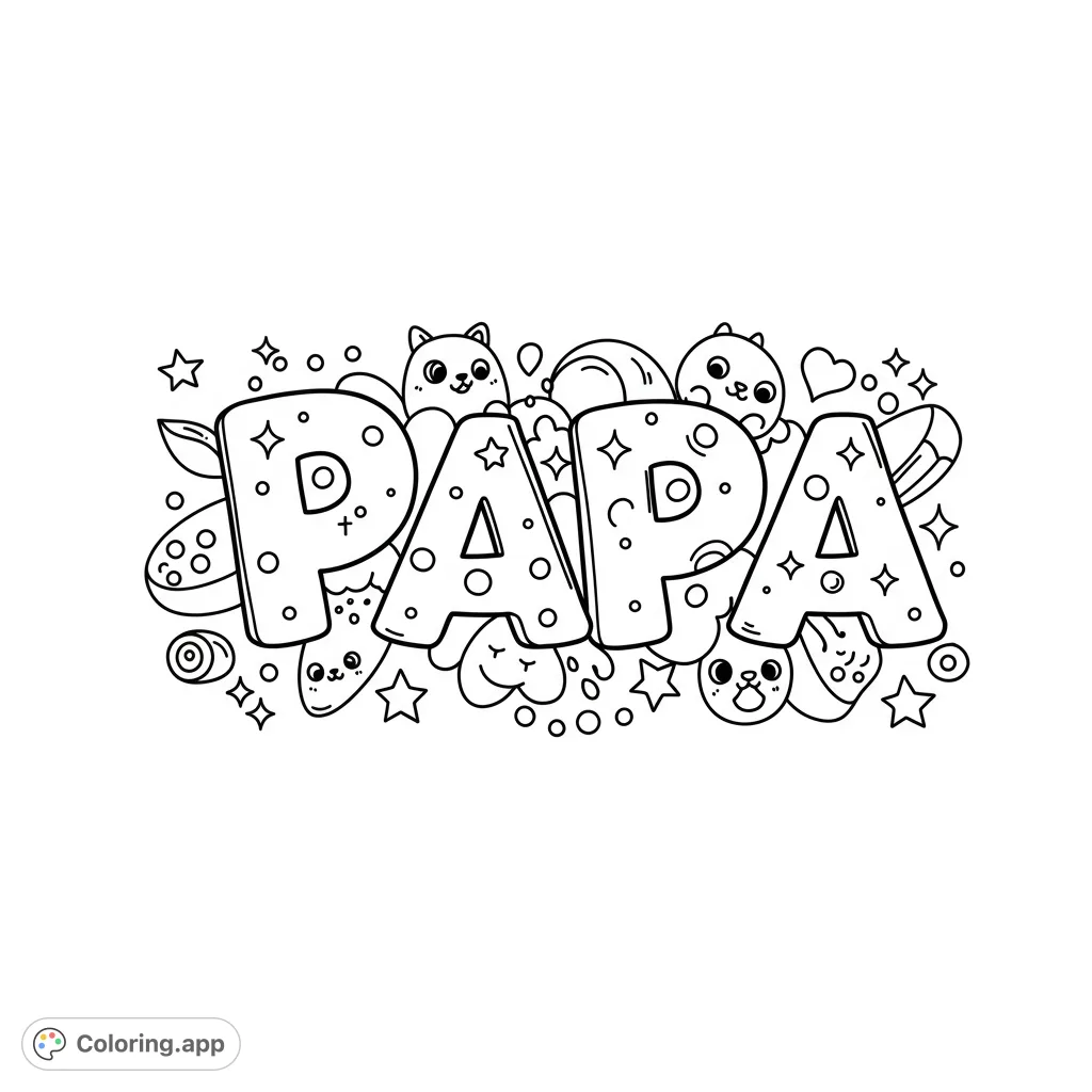 A heartwarming PAPA doodle coloring page featuring bubble letters surrounded by cute stars, hearts, and smiling cartoon characters. Perfect for expressing love!