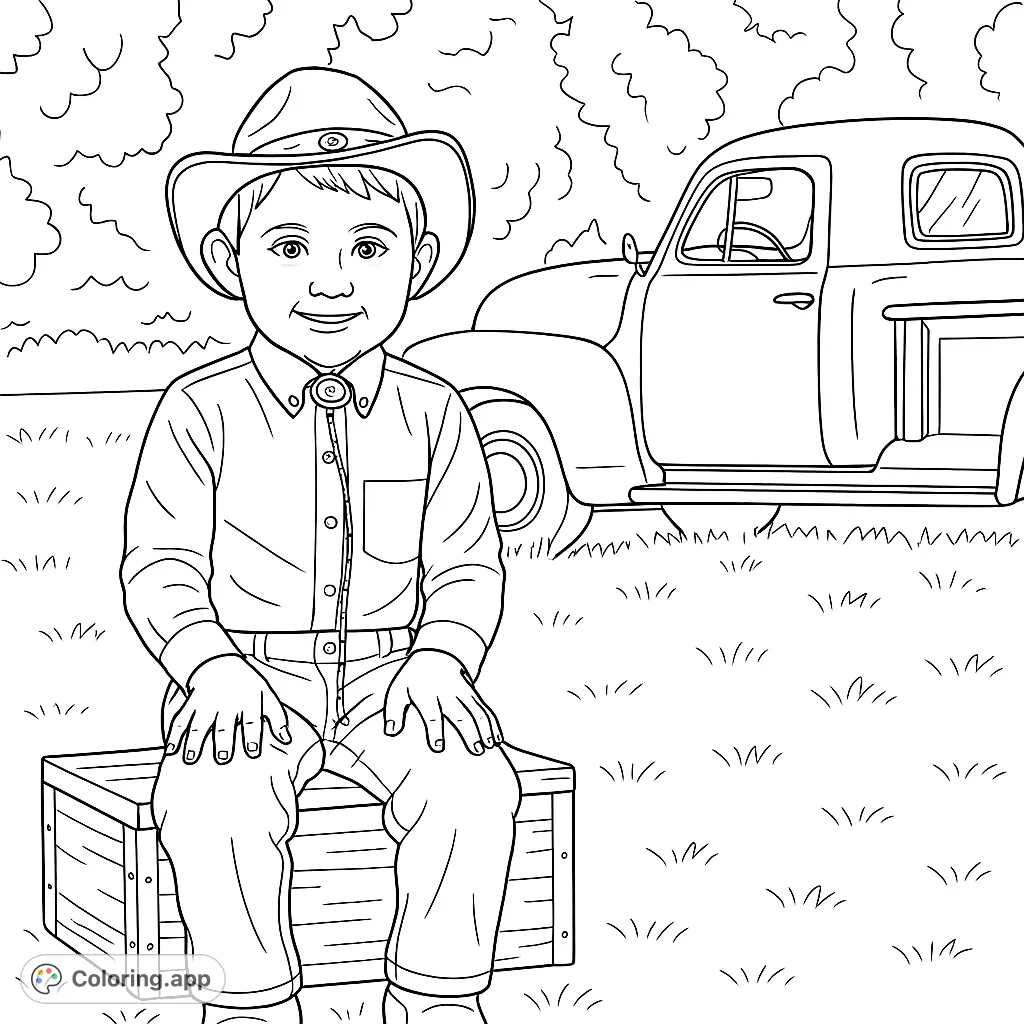 A charming cowboy coloring page featuring a young boy on a crate with a vintage truck. Free printable coloring page for kids and adults.