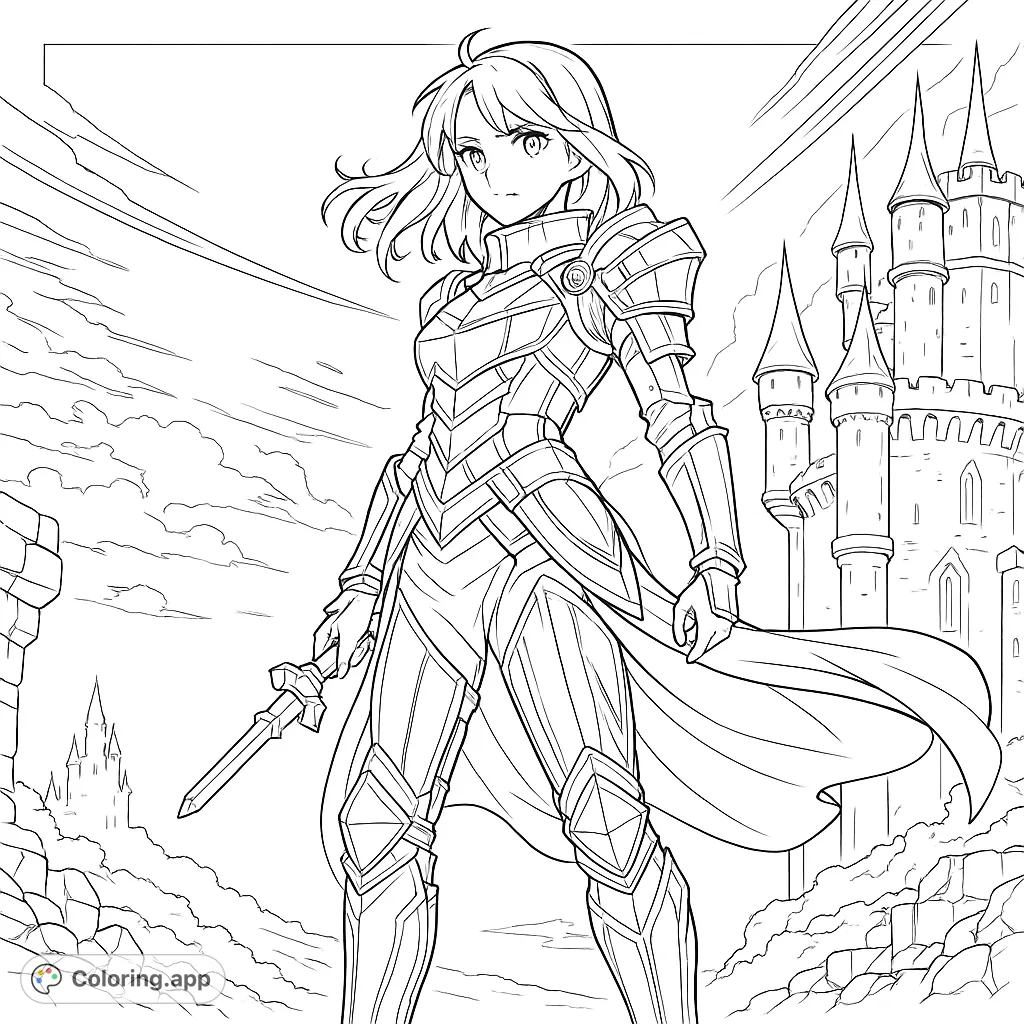 An anime knight in detailed armor stands ready with her sword before a grand fantasy castle. A free printable fantasy warrior coloring page for all ages.