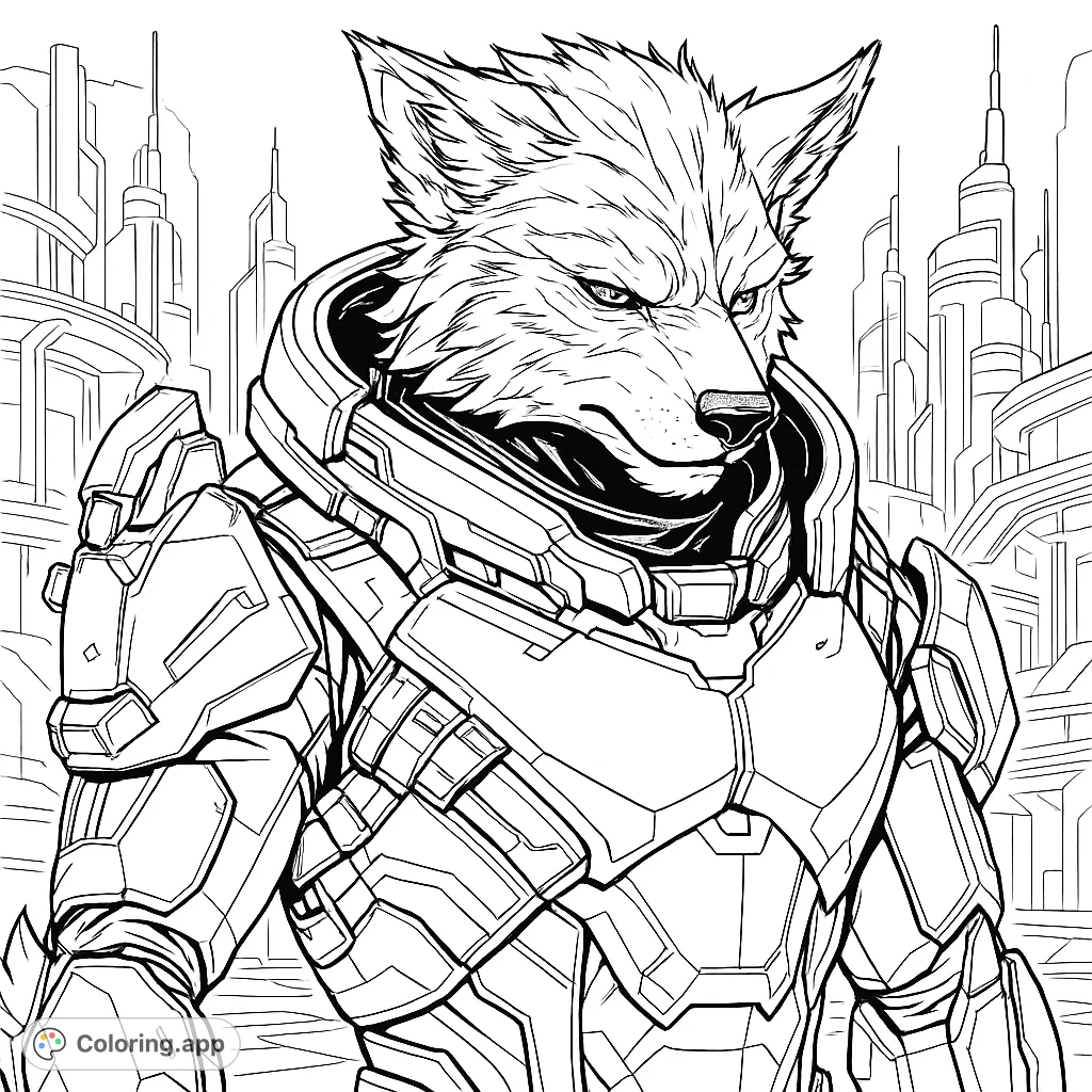 Explore a futuristic cityscape with this armored fox warrior coloring page. A free printable, perfect for teens and adults seeking detailed sci-fi art.