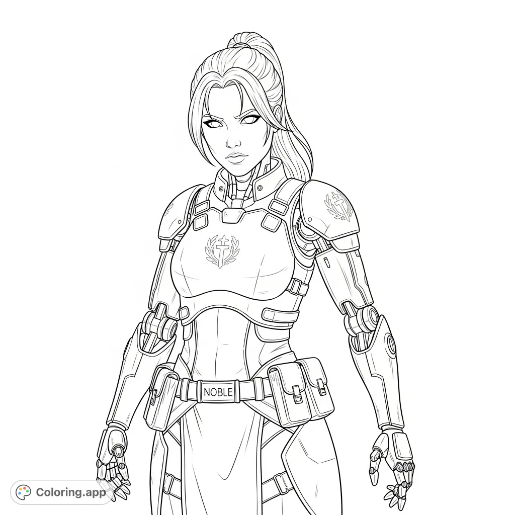 A powerful female cyborg with sleek mechanical prosthetics and combat gear, featuring subtle noble insignia. A detailed sci-fi coloring page for enthusiasts.
