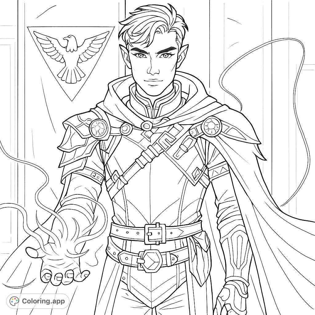 Unleash your creativity with this fantasy mage coloring page! A powerful figure in detailed armor and cloak wields a mystical energy orb. Perfect for all ages.