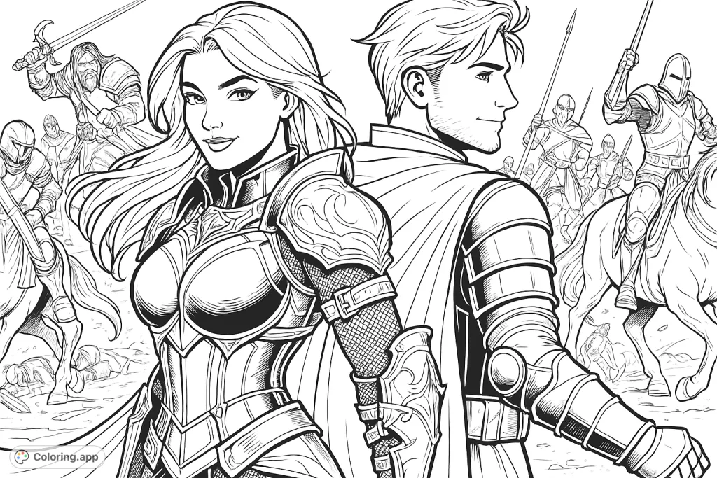 An epic fantasy warrior coloring page featuring two armored heroes against a backdrop of a fierce medieval battle. Perfect for detailed coloring.