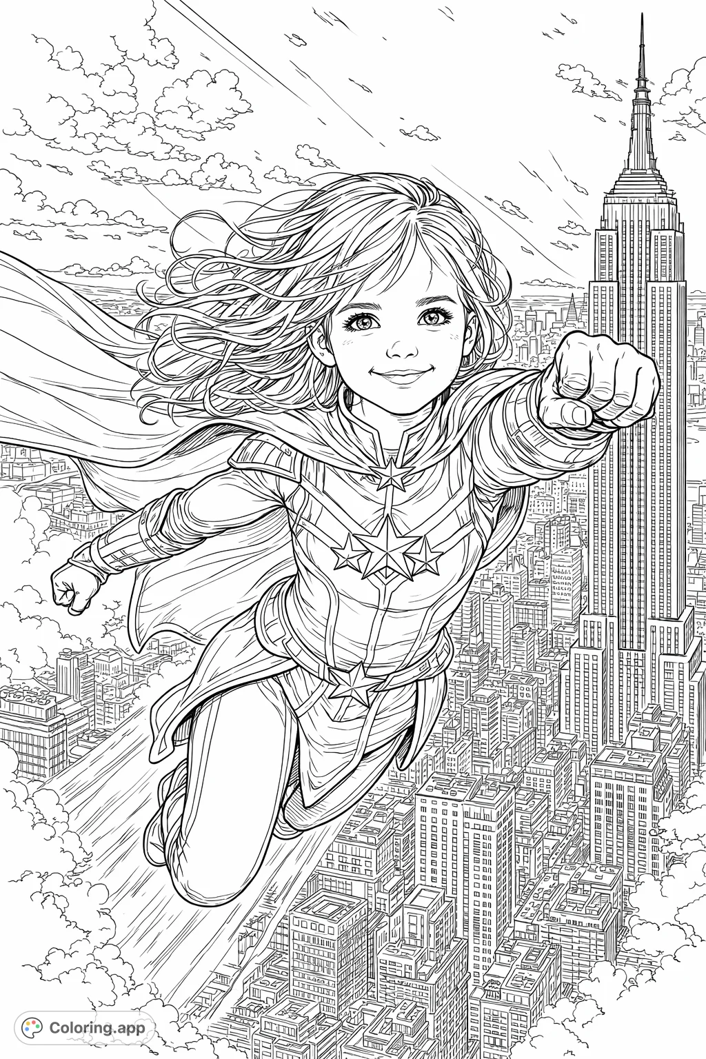 Soar through the sky with this powerful child superhero over a bustling cityscape. A dynamic scene perfect for aspiring young heroes to color!