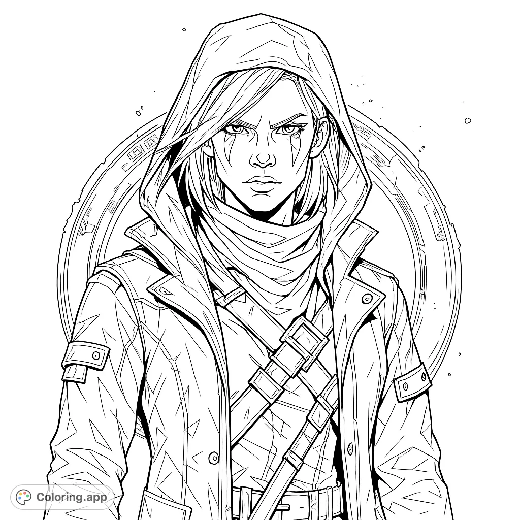 A powerful hooded warrior with intricate gear and a determined gaze. Perfect for fans of character art and detailed designs.