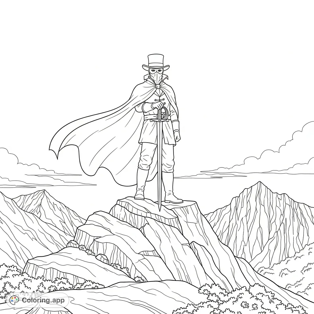 A mysterious masked hero in a cape and top hat stands with a sword on a rugged Rocky Mountain, ready for adventure. A captivating scene for all ages.