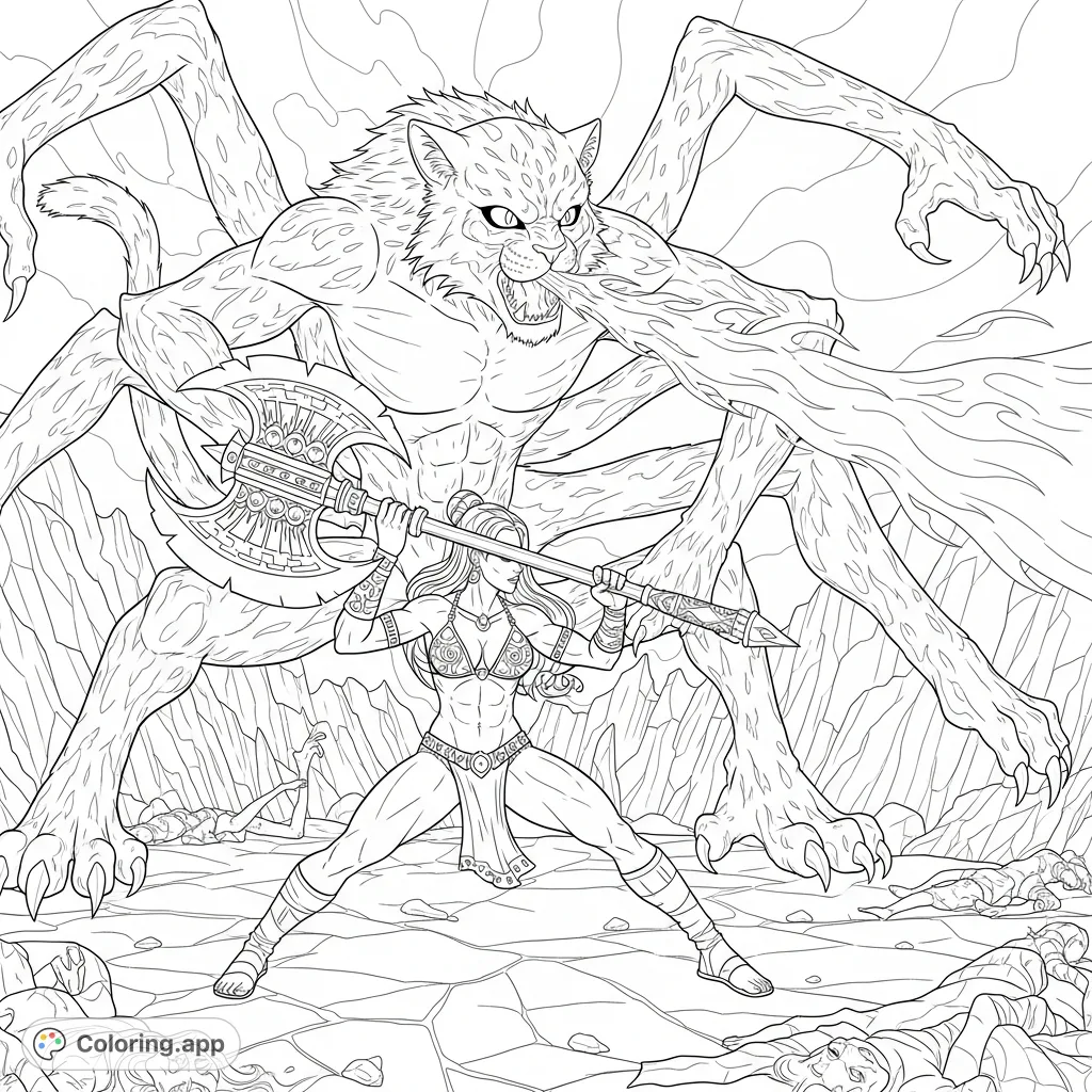 Witness an epic clash! A formidable Amazon warrior in a bikini-style outfit wields a giant ax against a monstrous, fire-breathing cat-like creature.