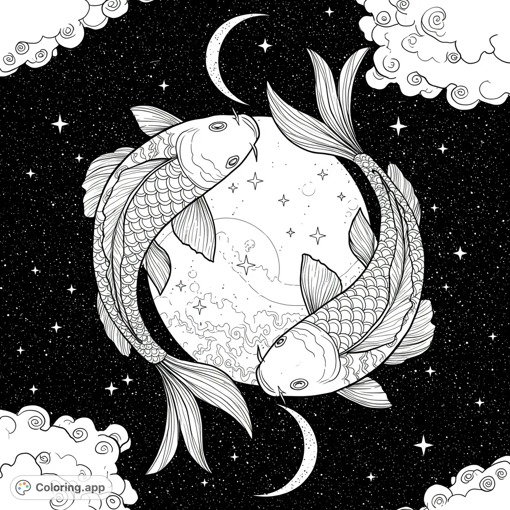 Dive into balance with this intricate yin yang koi fish coloring page, featuring detailed fish against a cosmic backdrop of stars and a crescent moon.