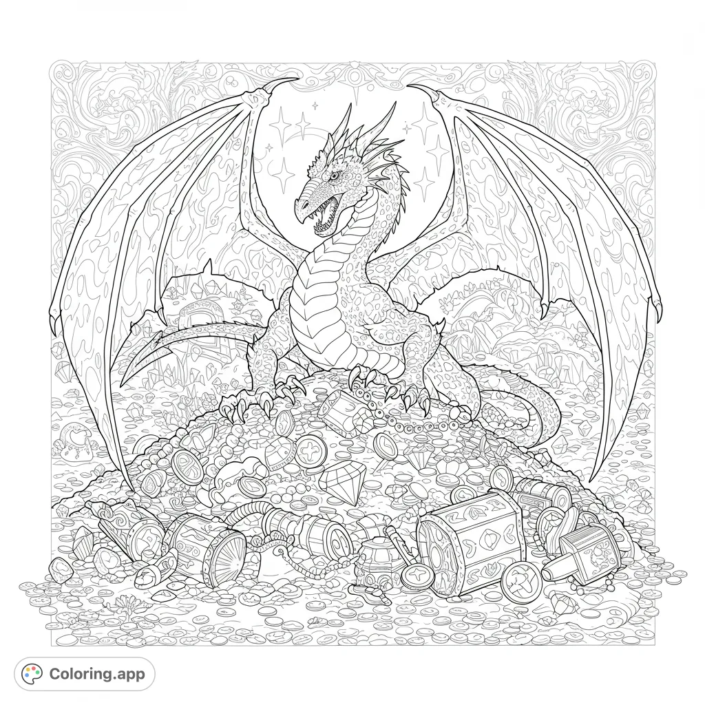 Dragon's Hoard: Fantasy Coloring Page