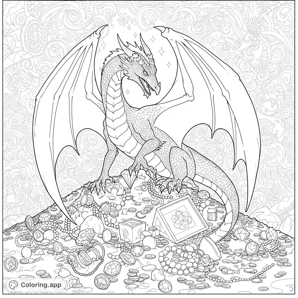 Dragon's Hoard: Fantasy Coloring Page