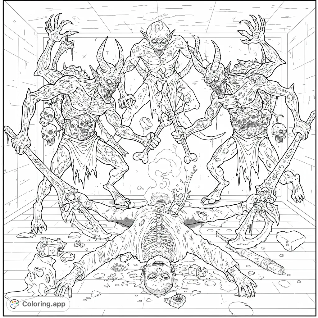 Intense demonic ritual coloring page. Four grotesque monsters surround a splayed figure in a dungeon. Free printable for horror fans.