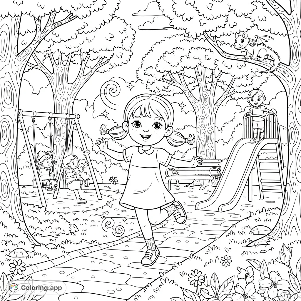 A delightful park scene coloring page featuring a young girl skipping joyfully amidst trees and playground equipment. Perfect for imaginative coloring.