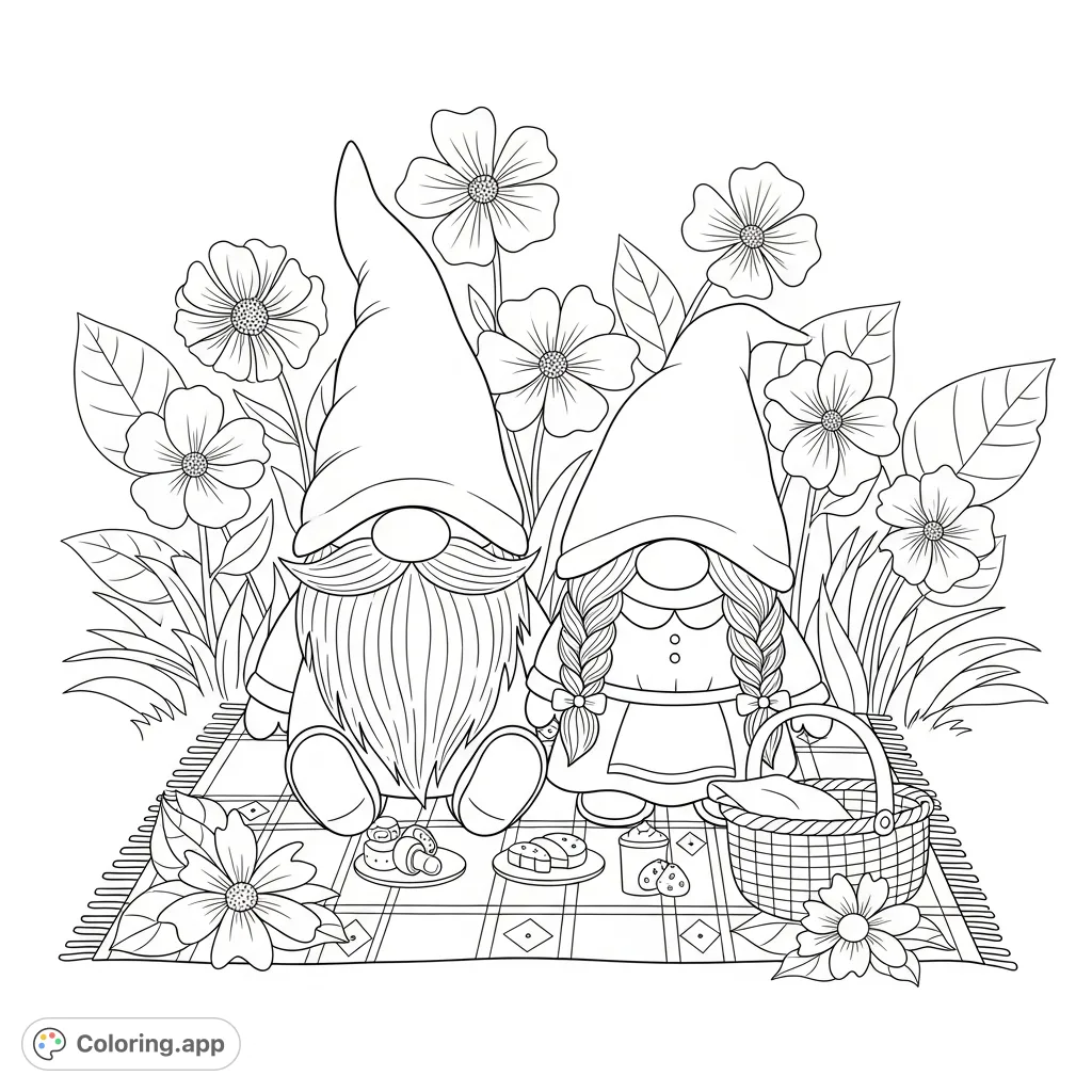 Discover a whimsical garden gnome coloring page! Two charming gnomes enjoy a delightful picnic amidst blooming flowers and lush foliage. Perfect for all ages.