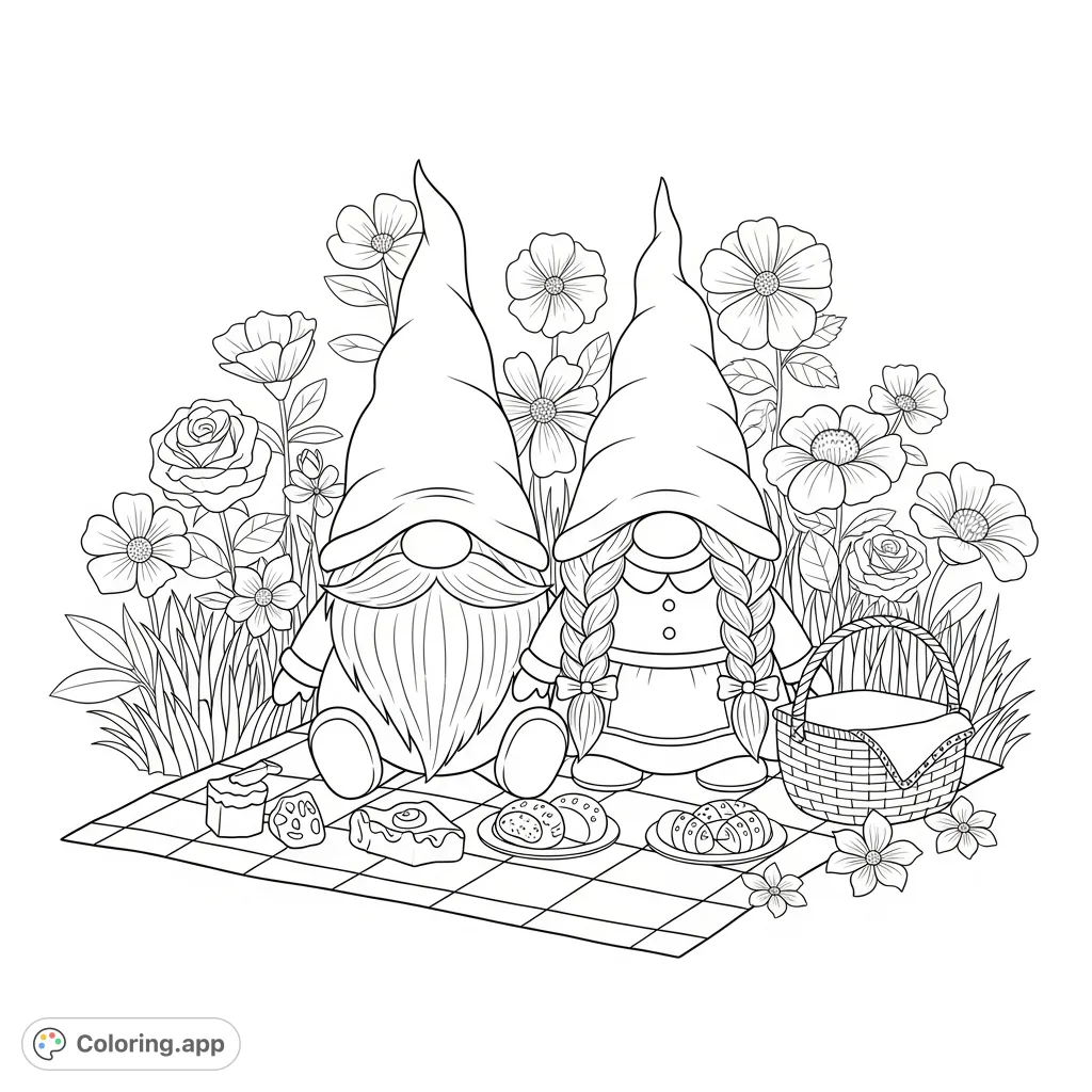Discover a whimsical garden gnome coloring page! Two charming gnomes enjoy a delightful picnic amidst blooming flowers and lush foliage. Perfect for all ages.
