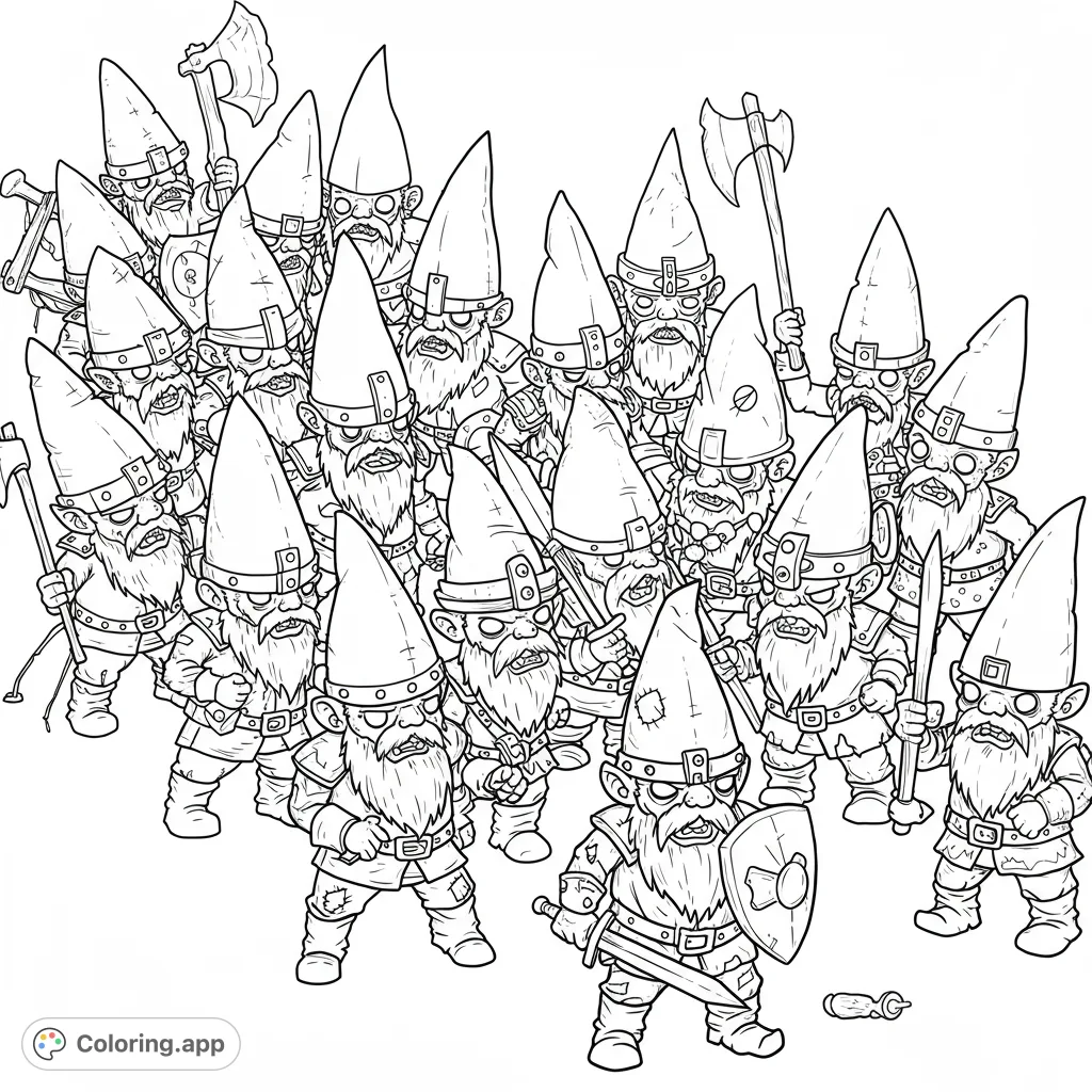 A fierce gnome warrior horde, armed with axes and swords, ready for battle. Intricate details for a challenging coloring adventure.
