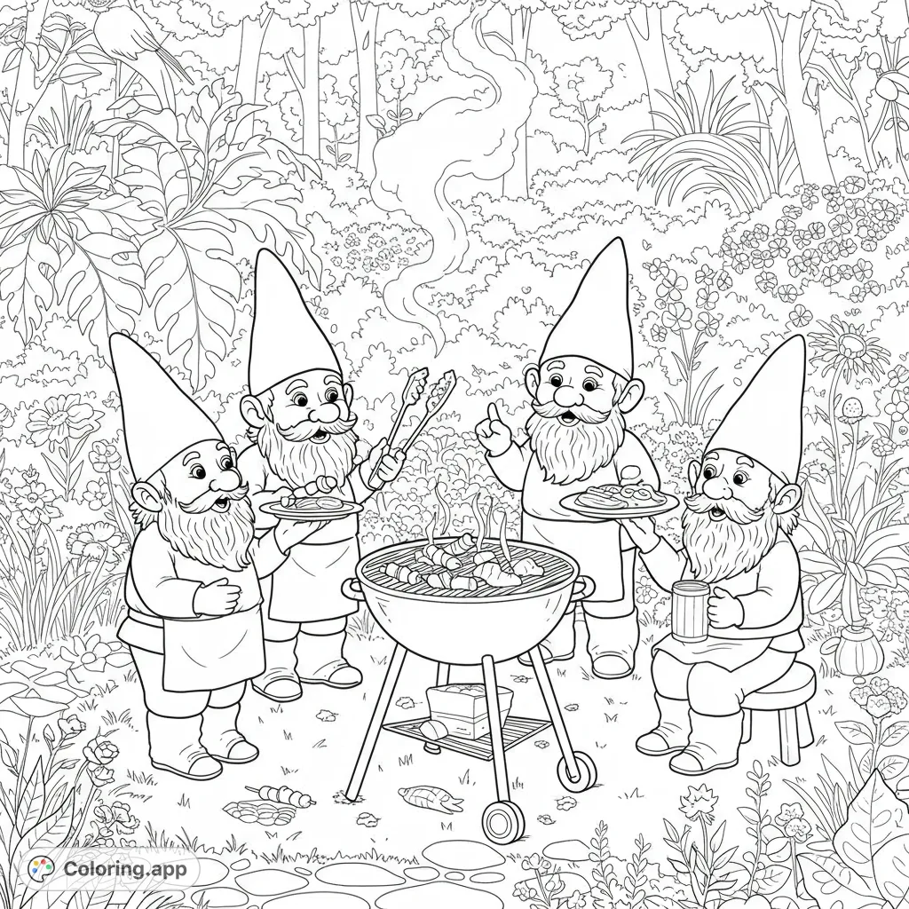 Four charming garden gnomes host a lively backyard BBQ, complete with a grill and lush garden details. A delightful scene for all ages!