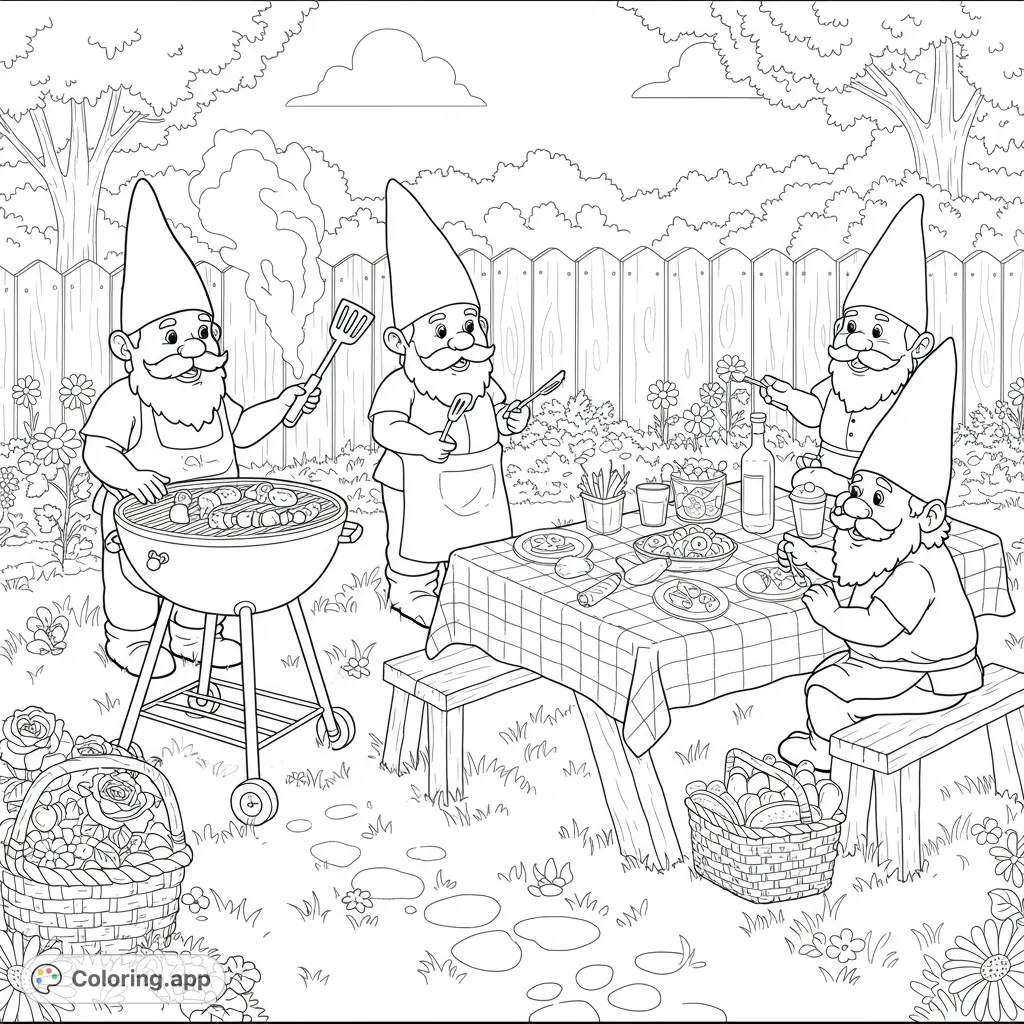 A charming scene of four garden gnomes enjoying a lively backyard BBQ, complete with grill, picnic table, and festive decorations.