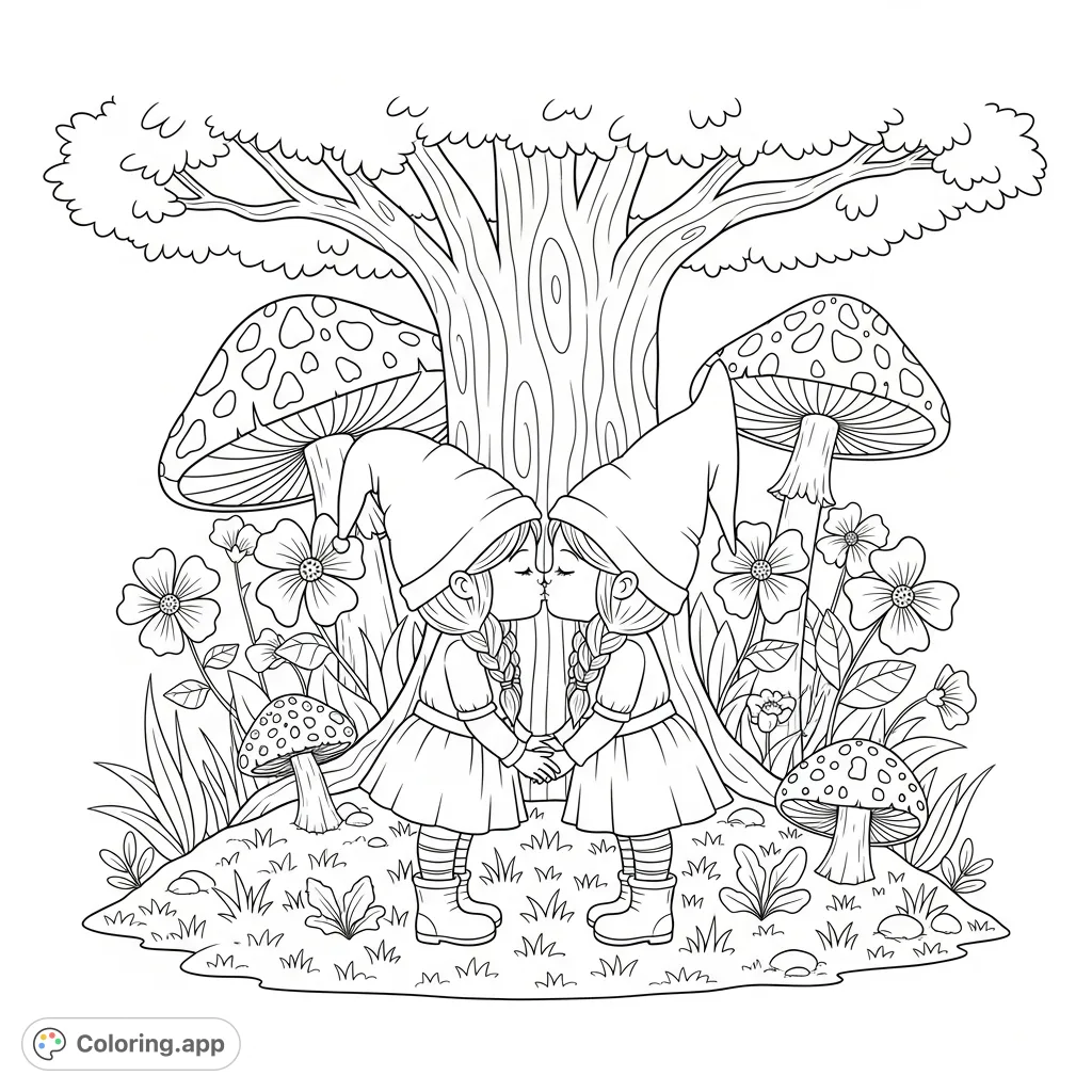 Two charming female gnomes share a tender kiss under a whimsical garden tree, surrounded by delightful flora and fauna, perfect for a romantic coloring page.