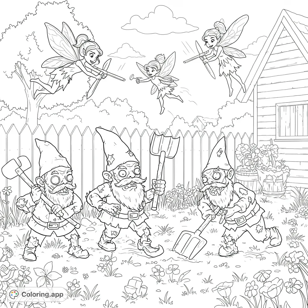 Epic garden showdown! Zombie gnomes with tools face off against flying fairies with bows and wands. A whimsical fantasy scene for coloring fun.
