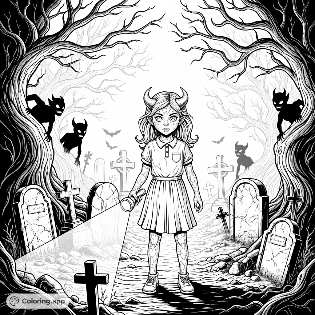 Explore an eerie graveyard scene featuring a creature-like girl with a flashlight, surrounded by spooky, human-like trees and small, hidden demon forms.