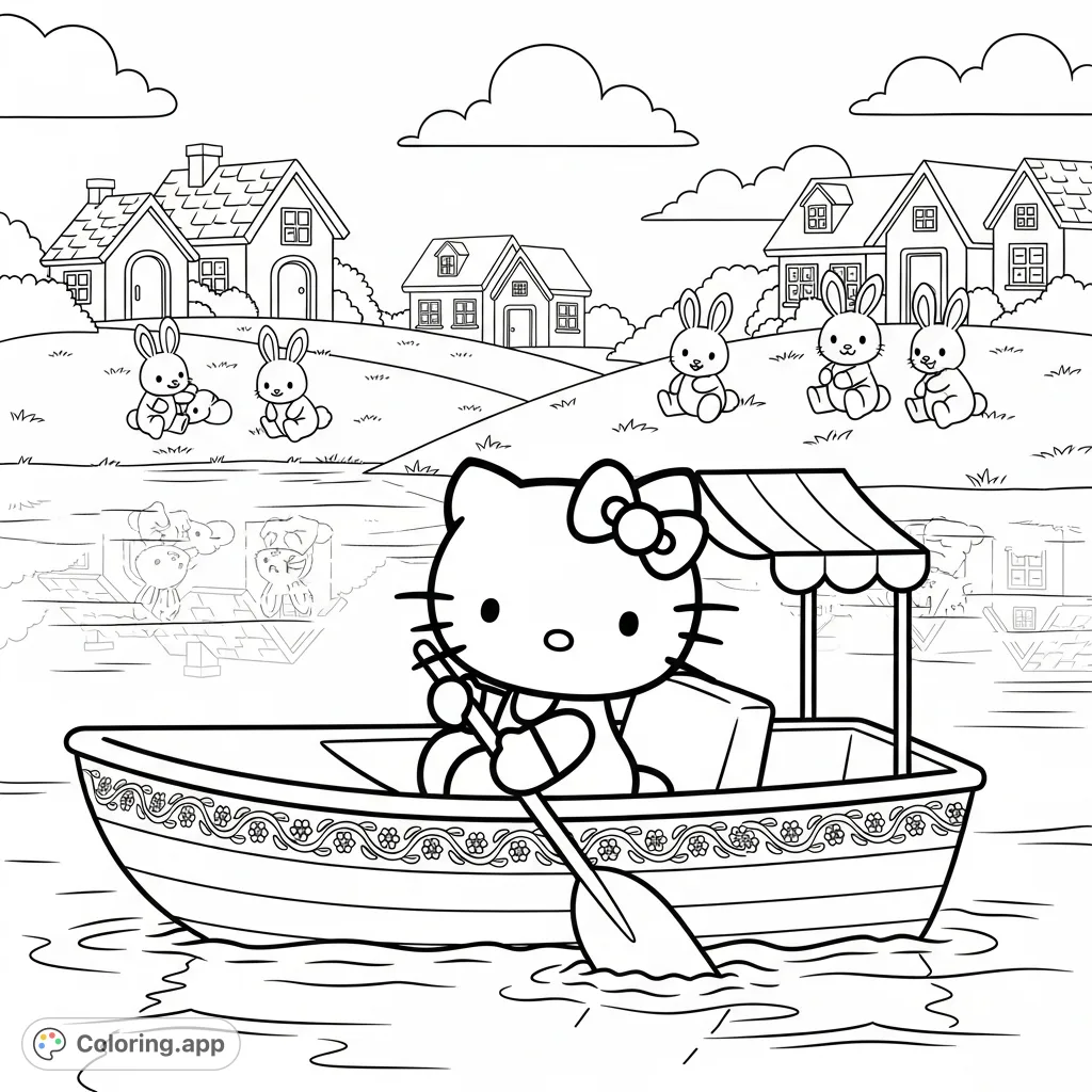 Join Hello Kitty on a charming paddle boat journey past quaint houses and playful bunnies. A delightful scene for a free printable coloring page!