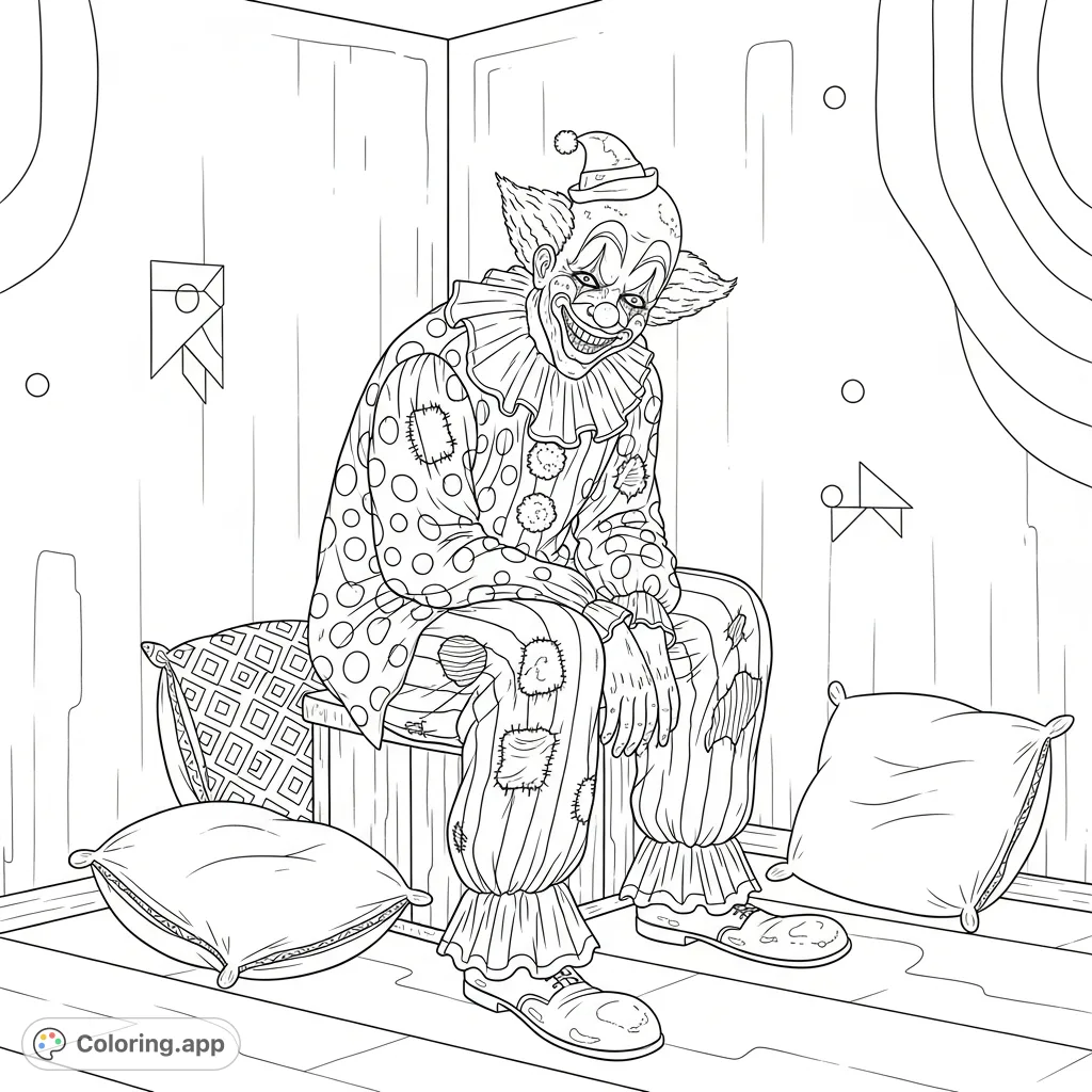 An unsettling clown figure with a horrific, twisted smile sits hunched in a sparse room's corner, its tattered, patterned suit conveying a sense of despair.