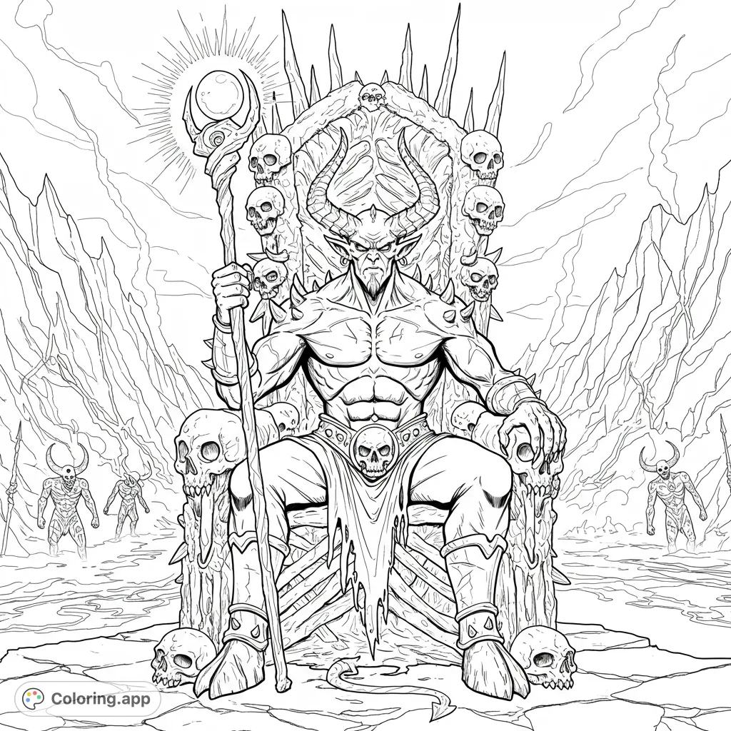 A powerful demon on a bone throne, staff in hand, against a fiery hellscape with smaller demons. A detailed infernal coloring page.