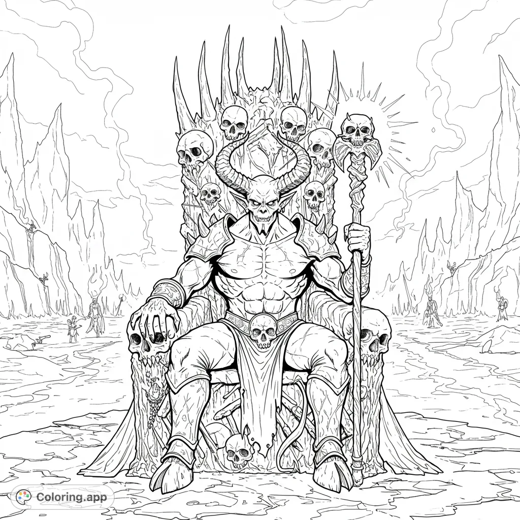 A powerful demon on a bone throne, staff in hand, against a fiery hellscape with smaller demons. A detailed infernal coloring page.