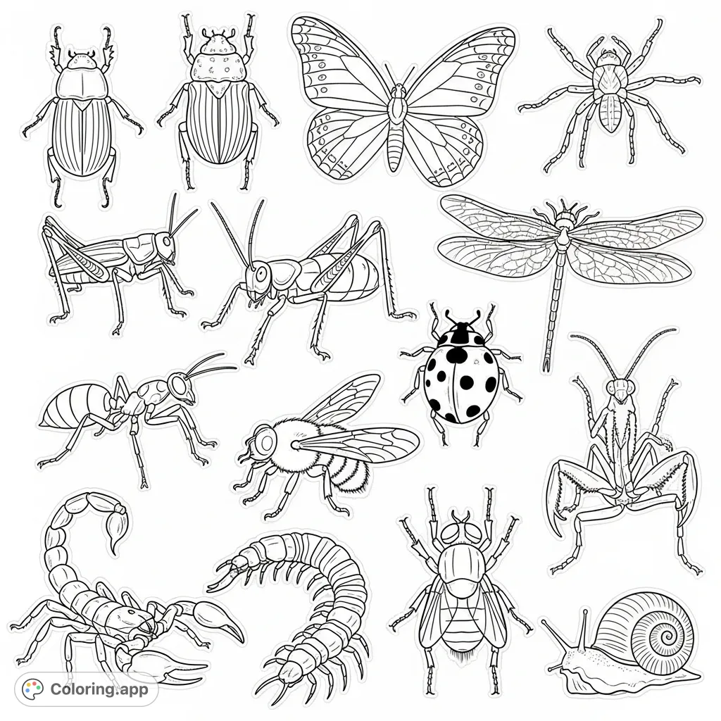 Explore thirteen incredibly detailed bug designs, perfect for a scientific coloring adventure. Discover intricate textures and forms of diverse insects.