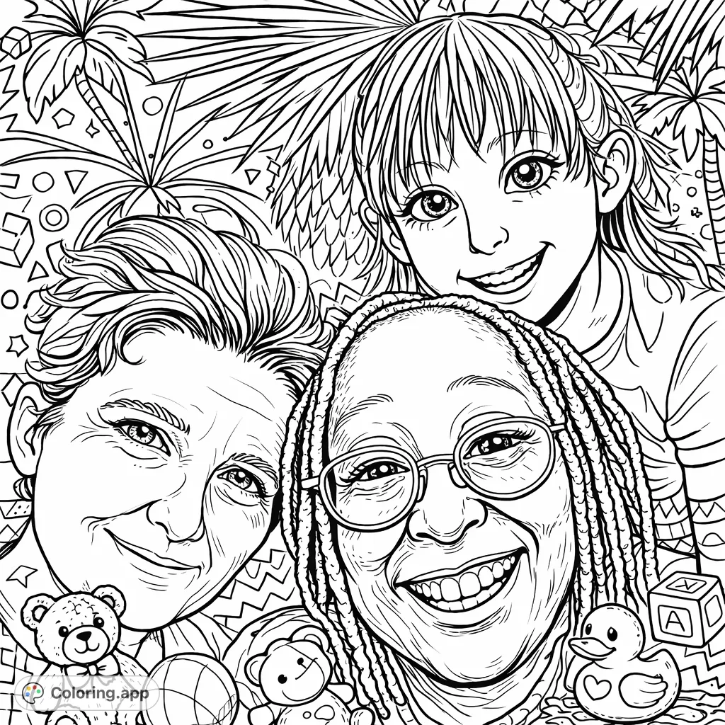 A heartwarming family portrait with three smiling faces amidst tropical palm trees and playful elements. Perfect for a whimsical coloring adventure!