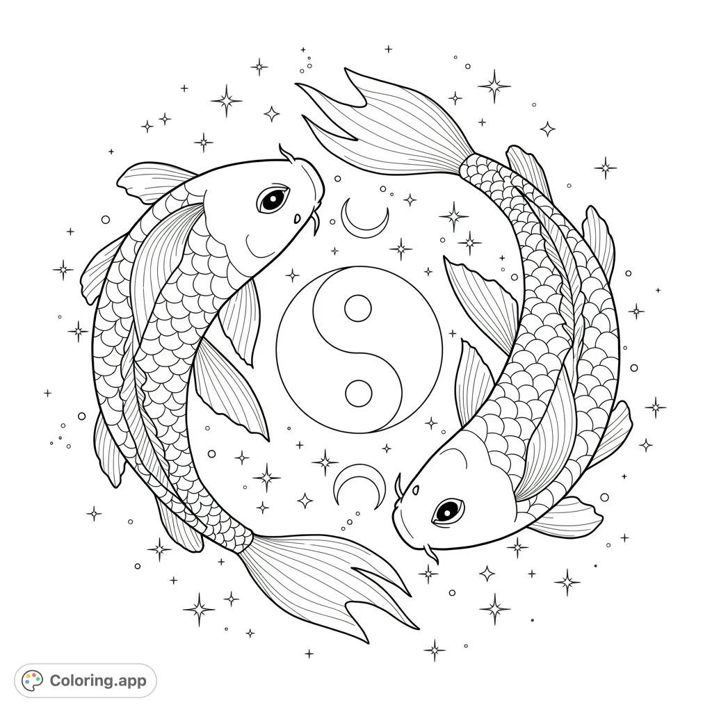 Discover harmony with two detailed koi fish forming a yin yang, set against a celestial backdrop of stars and a crescent moon. A serene, symbolic design.