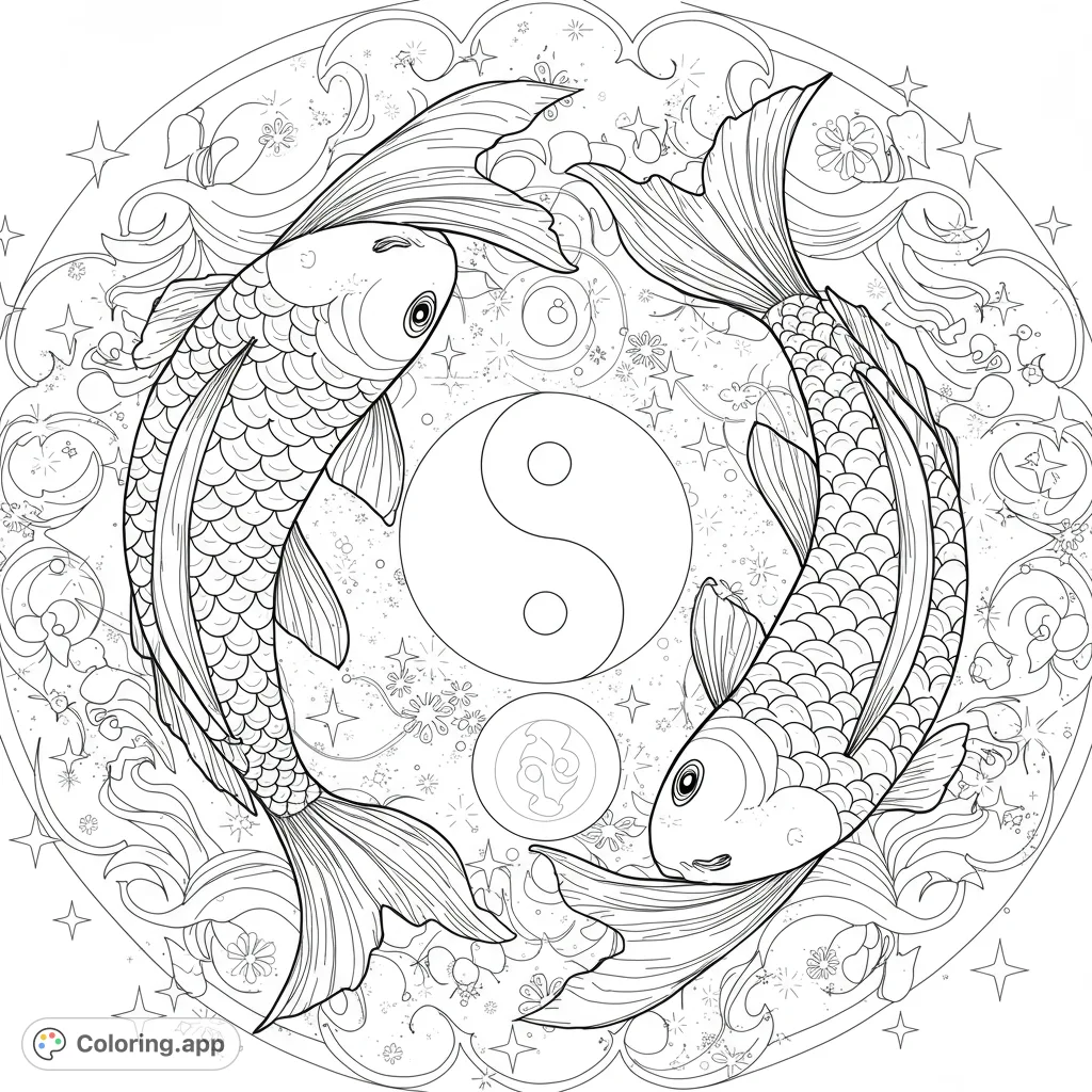 Discover harmony with two detailed koi fish forming a yin yang, set against a celestial backdrop of stars and a crescent moon. A serene, symbolic design.