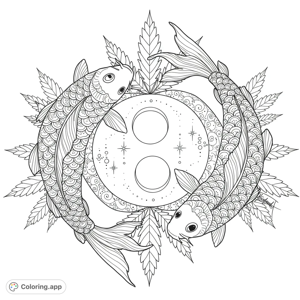Two large koi fish in a yin-yang pose, flanked by a moon and sun, set against a detailed cannabis leaf background. A unique blend of nature and symbolism.