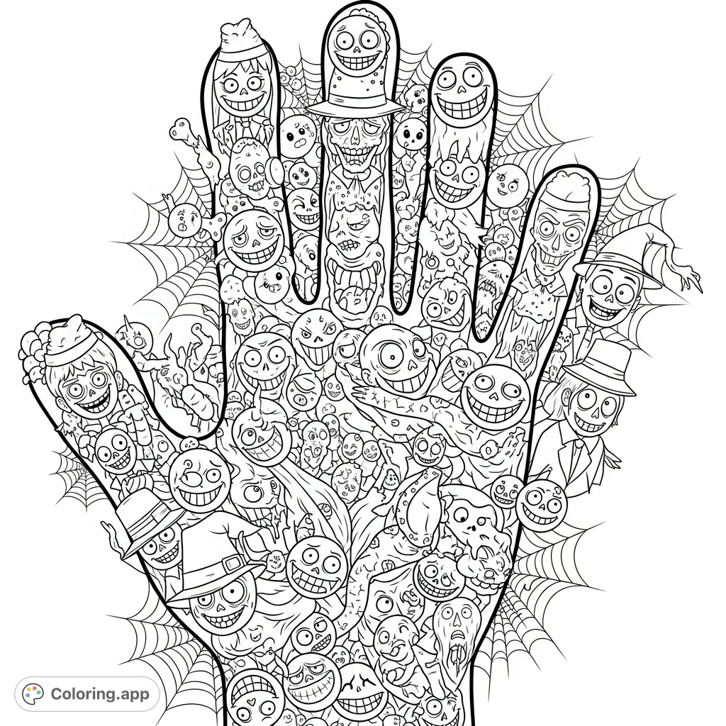 Explore a macabre hand shape filled with decaying body parts and sinister happy faces. A detailed, creepy doodle coloring page for adults.