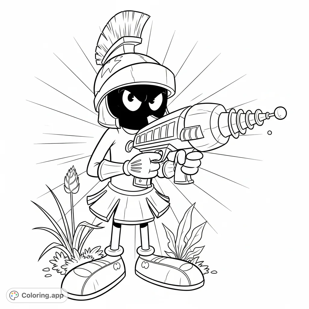 An iconic Looney Tunes Marvin the Martian coloring page, featuring him holding his classic ray gun. Perfect for fans of animated space adventures!