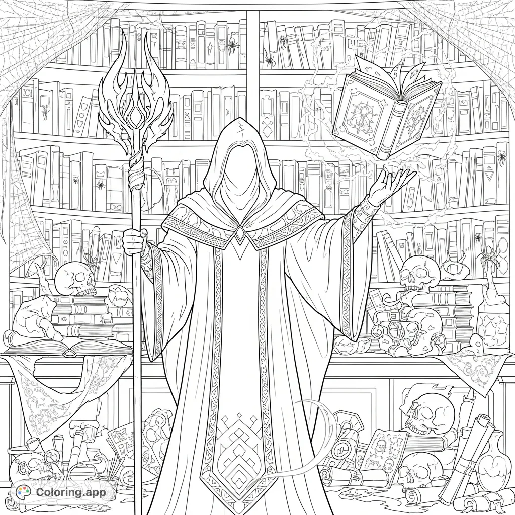 Unleash your creativity with this detailed dark wizard coloring page. Features a wizard, floating spell book, and a study filled with skulls and webs.
