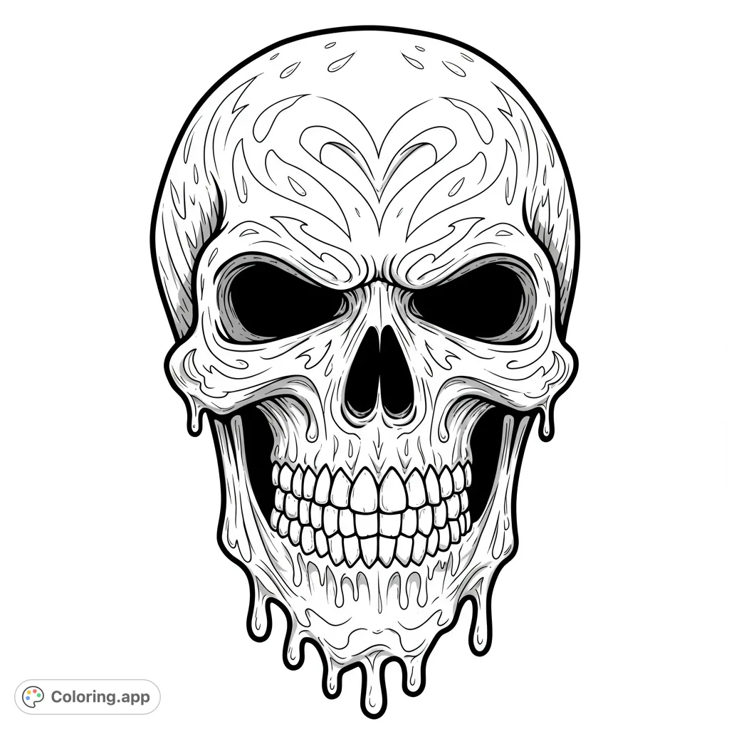 An intricate skull coloring page featuring decorative patterns, a wide grin, and a unique melting effect. A free printable skull coloring page for adults.
