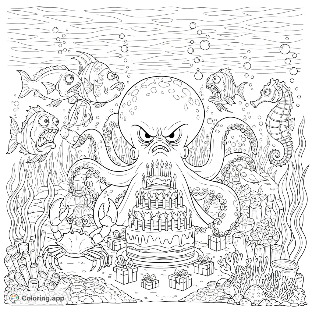 Dive into an epic underwater birthday party where a huge, mean-looking octopus celebrates amidst terrified fish and deep-sea creatures. A fun, detailed coloring page!