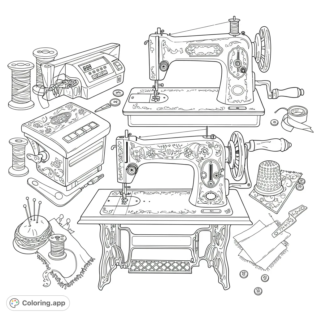 Explore the evolution of sewing machines, from antique treadle models to sleek modern designs, perfect for a detailed coloring experience.