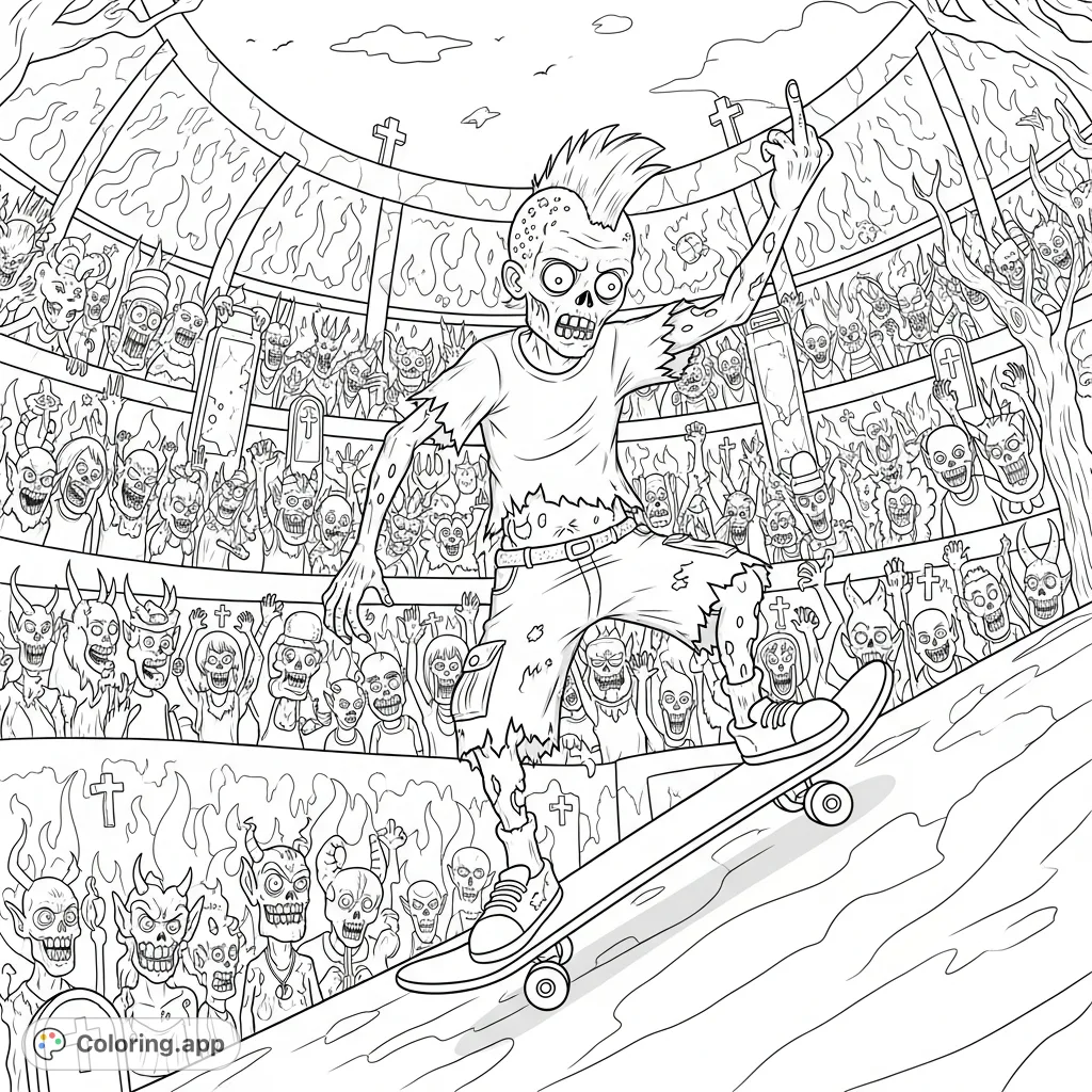 A radical teenage zombie with a Mohawk and 90s stoner attire performs a daring skateboard trick in a hellish stadium, cheered on by demons and ghouls.
