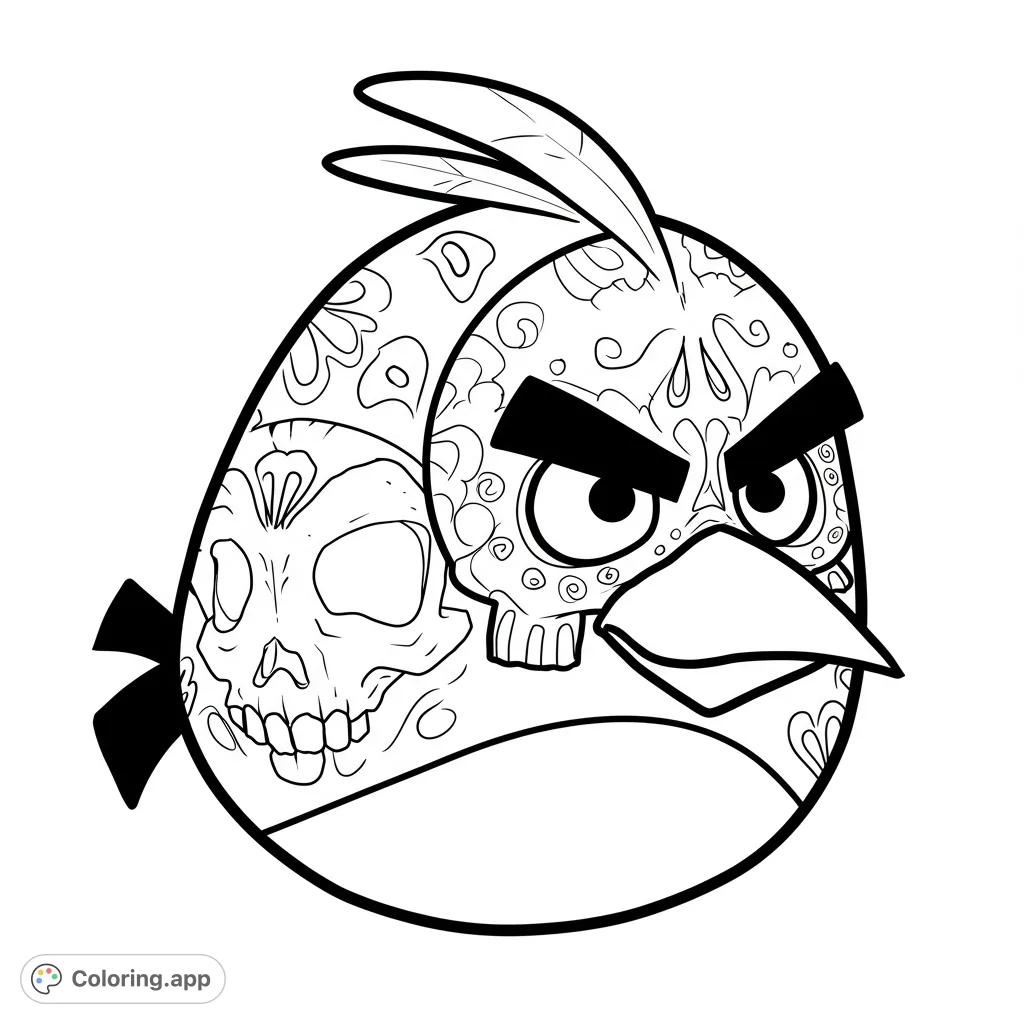 A unique sugar skull bird character, intricately detailed with traditional patterns. Perfect for fans of vibrant designs and cultural art. Free printable coloring page.
