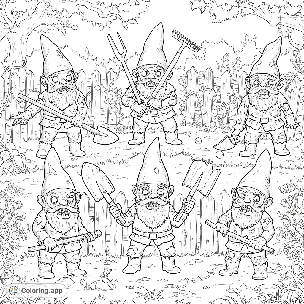 Unleash your creativity with this unique zombie garden gnomes coloring page! Six detailed gnomes prepare for battle amidst an overgrown garden.