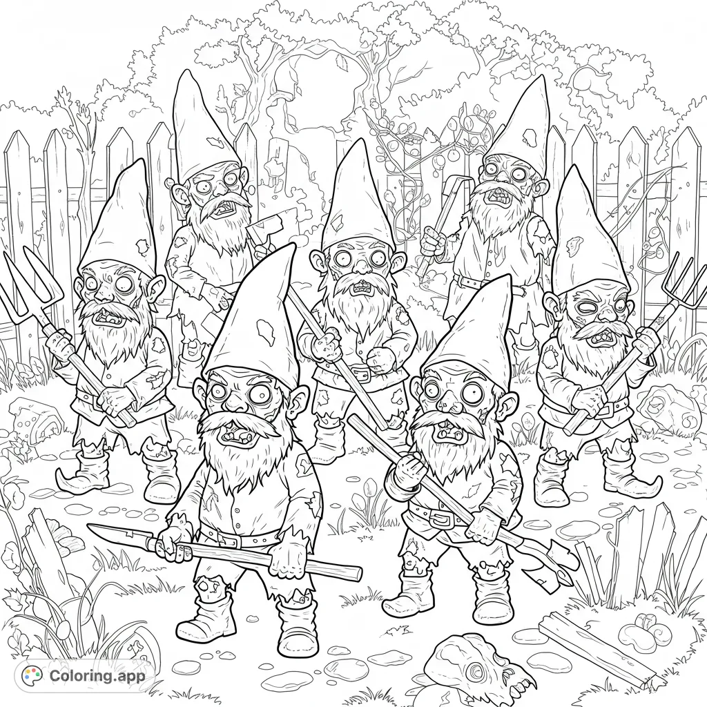 Unleash your creativity with a unique zombie garden gnomes coloring page! Six detailed gnomes prepare for battle with gardening tools in an overgrown garden.