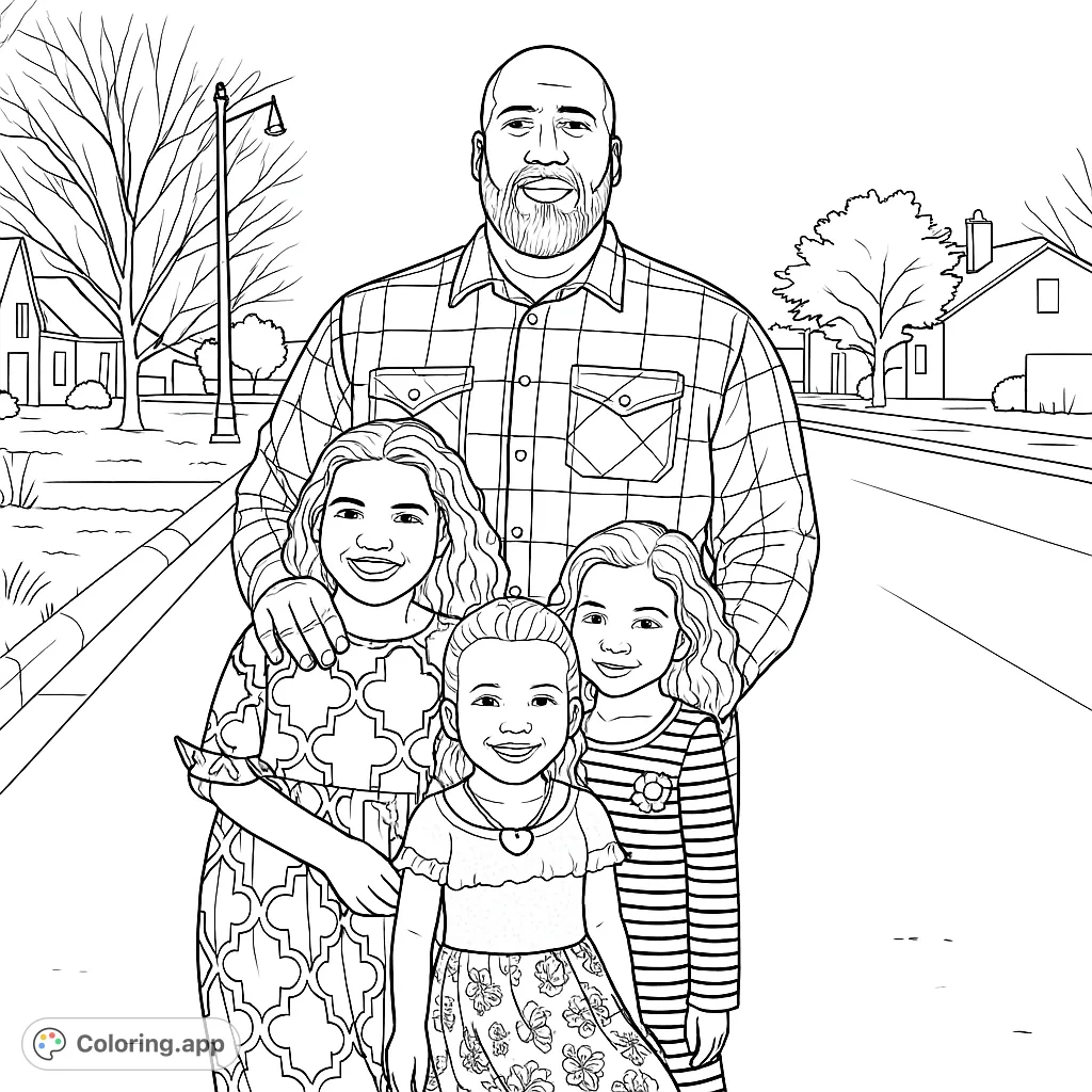 A heartwarming family portrait featuring a father and his three daughters on a suburban street. Perfect for all ages to color and personalize.