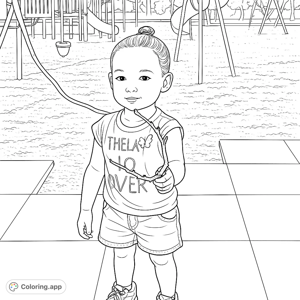 A delightful playground coloring page featuring a happy child holding a stick, surrounded by swings and slides. Perfect for kids!