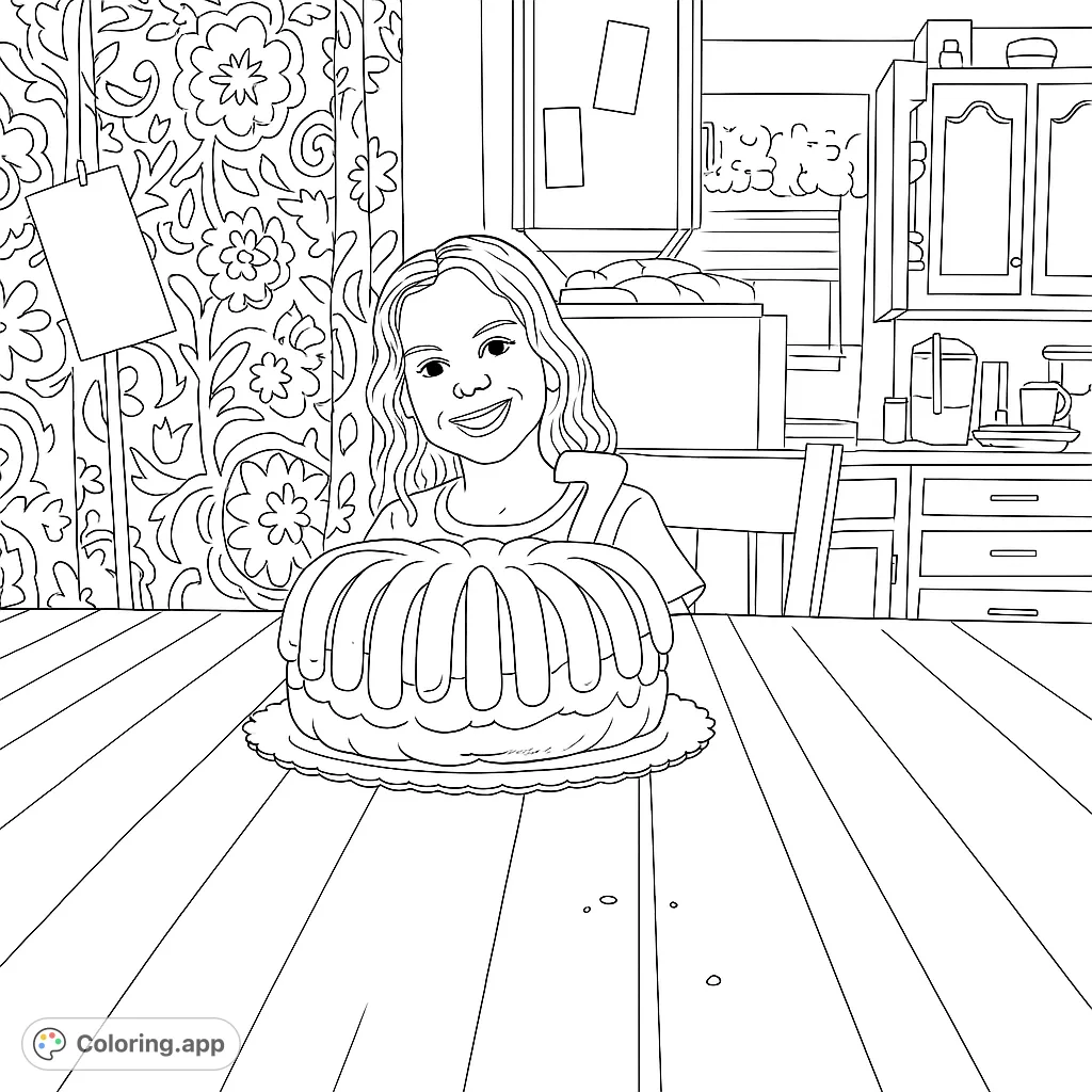 A delightful kitchen scene featuring a smiling girl and a beautifully detailed bundt cake, perfect for a fun baking-themed coloring page.