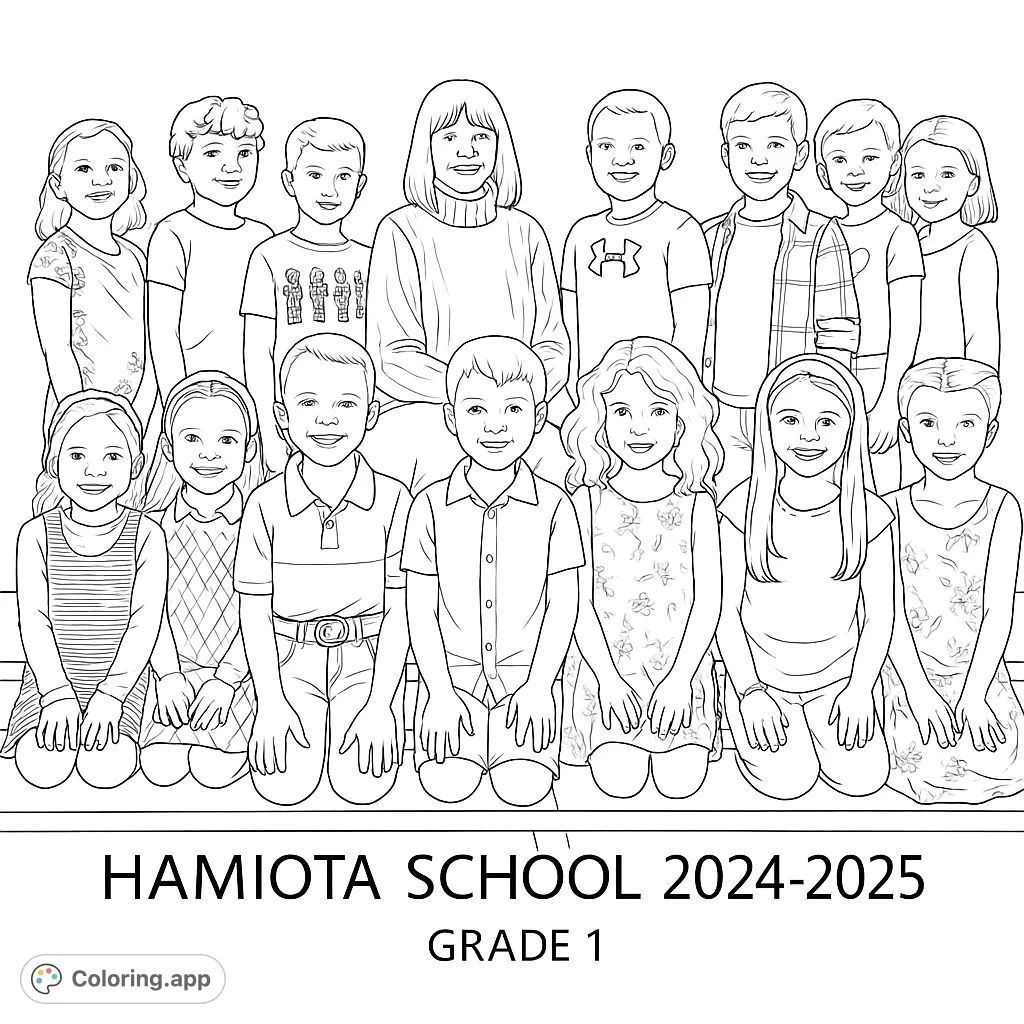 A cheerful school class photo featuring a teacher and students, perfect for a free printable coloring page. Ideal for all ages.