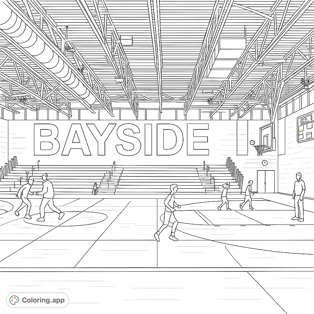 Step onto the court! A dynamic basketball gym scene with players, bleachers, and detailed architecture. A free printable sports coloring page for all ages.